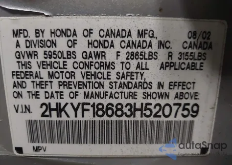 2003 Honda Pilot Ex-L z USA, uszkodzony, nr VIN 2HKYF18683H520759